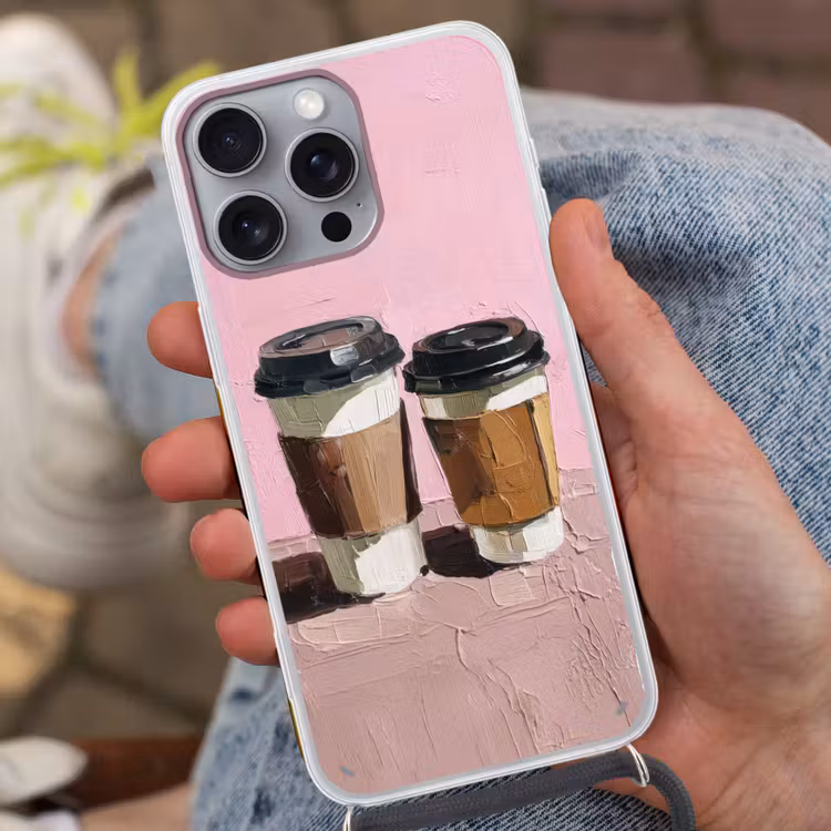 Koffiebekers - Deksel - Verf - Textuur Hoesje iPhone 16 Pro Max met koord klein -sfeer3