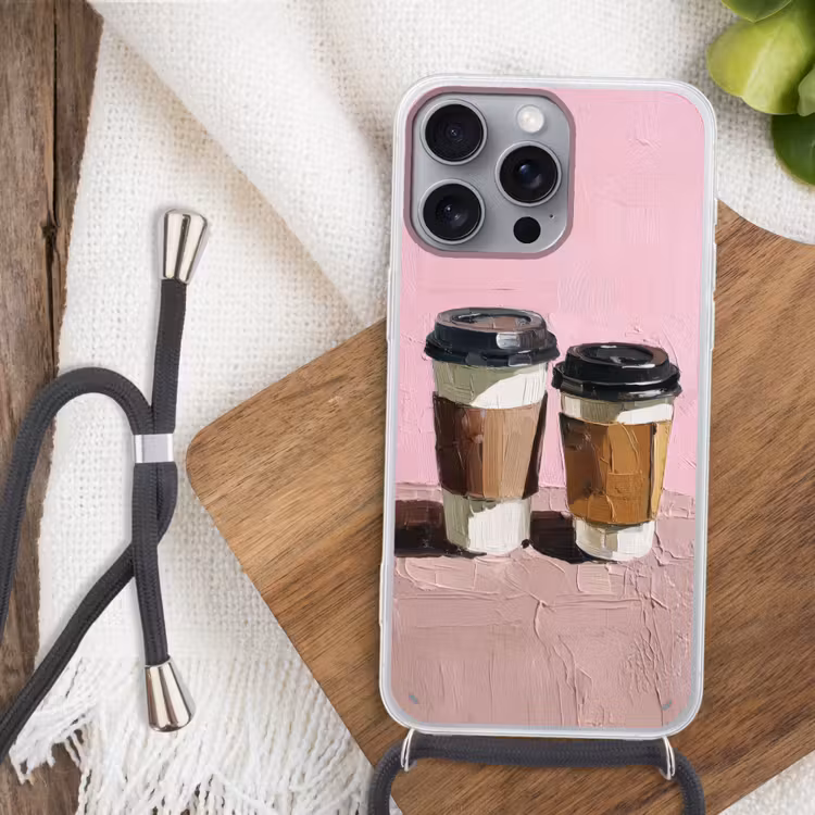 Koffiebekers - Deksel - Verf - Textuur Hoesje iPhone 16 Pro Max met koord klein -sfeer4