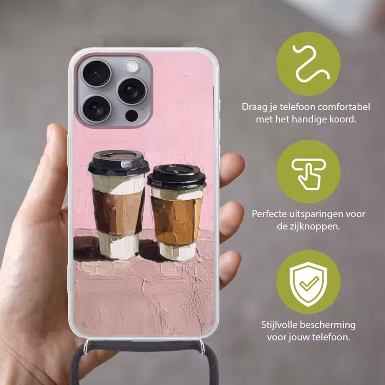 Koffiebekers - Deksel - Verf - Textuur Hoesje iPhone 16 Pro Max met koord klein -sfeer2_NL