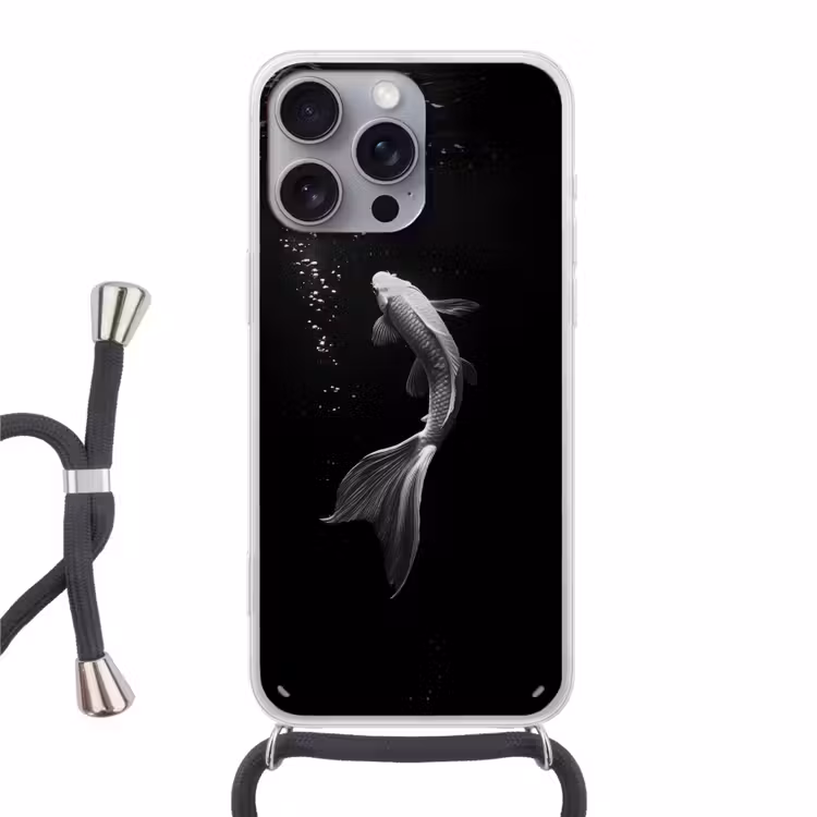 Koi - Vis - Wit - Zwart Hoesje iPhone 16 Pro Max met koord klein -3d