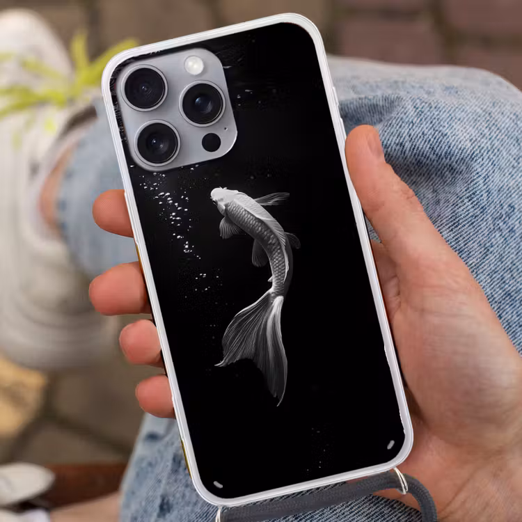 Koi - Vis - Wit - Zwart Hoesje iPhone 16 Pro Max met koord klein -sfeer3
