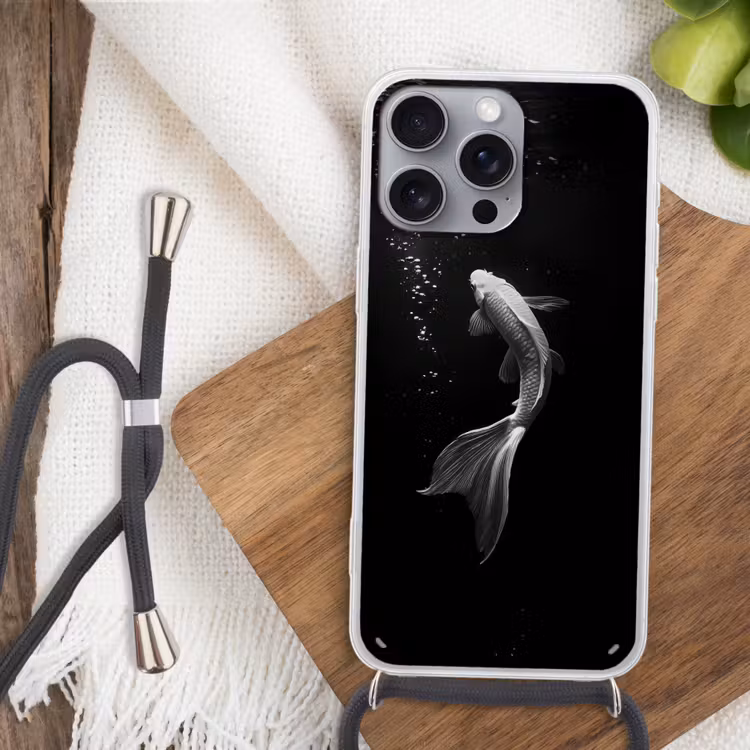 Koi - Vis - Wit - Zwart Hoesje iPhone 16 Pro Max met koord klein -sfeer4