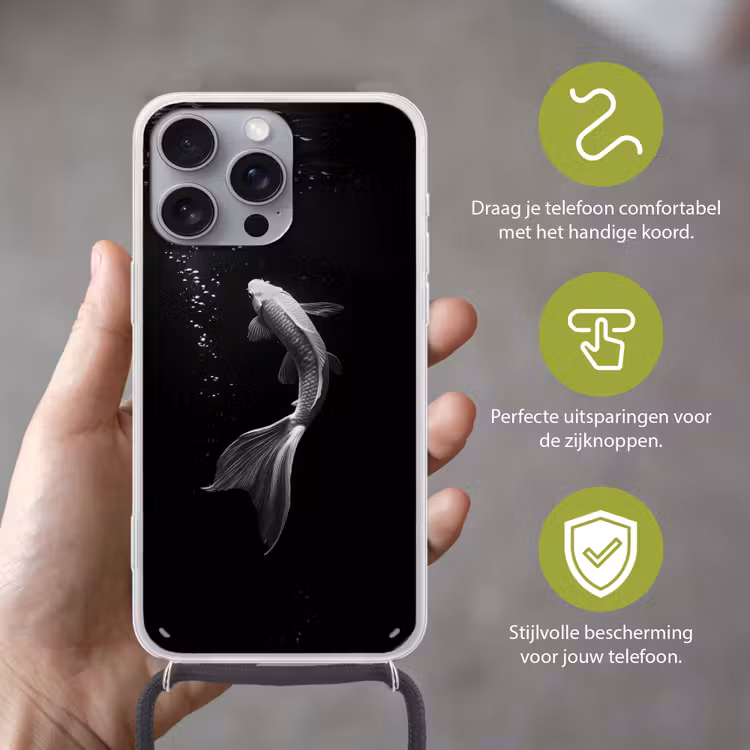 Koi - Vis - Wit - Zwart Hoesje iPhone 16 Pro Max met koord klein -sfeer2_NL