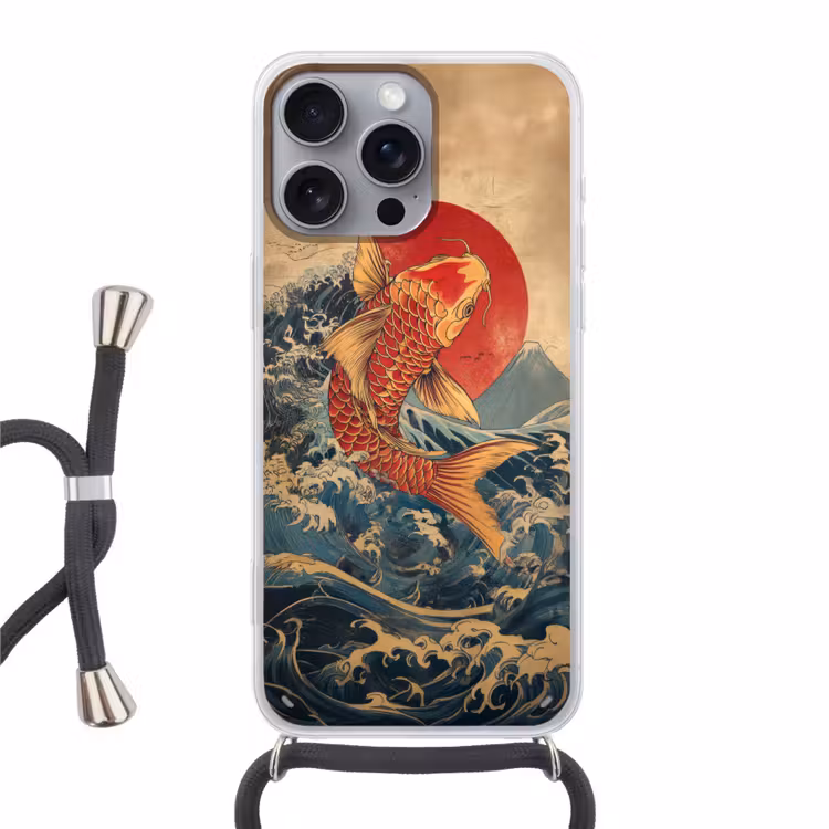 Koi - Zee - Golven - Zon Hoesje iPhone 16 Pro Max met koord klein -3d