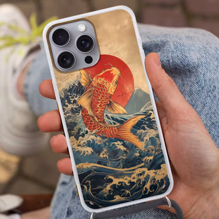 Koi - Zee - Golven - Zon Hoesje iPhone 16 Pro Max met koord klein -sfeer3