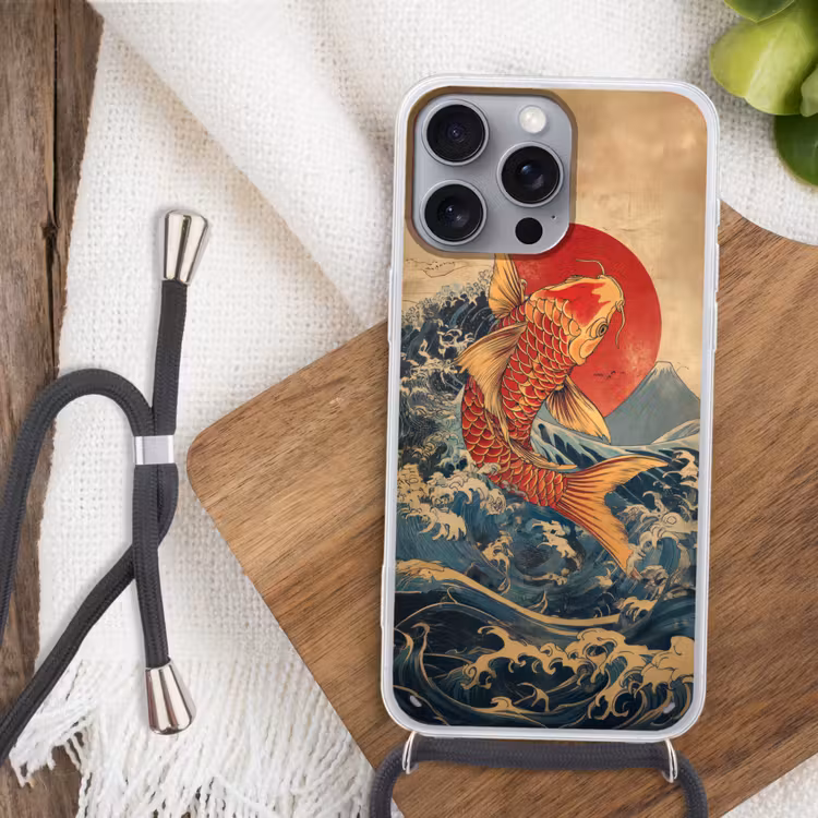 Koi - Zee - Golven - Zon Hoesje iPhone 16 Pro Max met koord klein -sfeer4