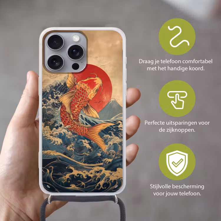 Koi - Zee - Golven - Zon Hoesje iPhone 16 Pro Max met koord klein -sfeer2_NL