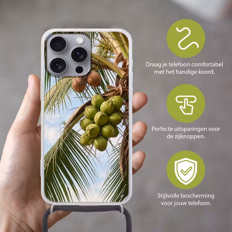 Kokosnoot - Boom - Tropisch - Natuur - Groen Hoesje iPhone 16 Pro Max met koord klein -sfeer2_NL