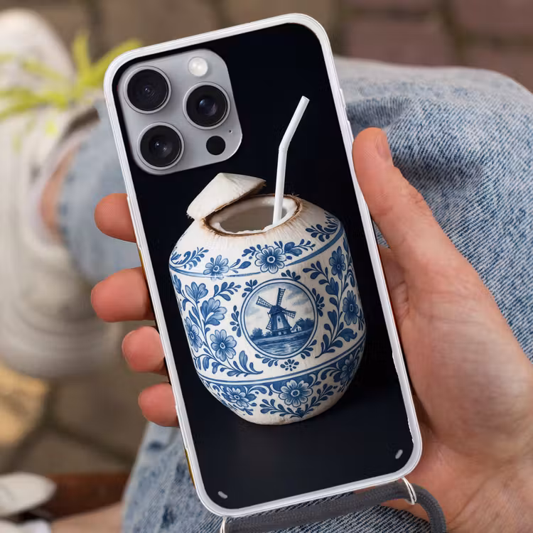 Kokosnoot - Eten - Delfts blauw - Drinken Hoesje iPhone 16 Pro Max met koord klein -sfeer3