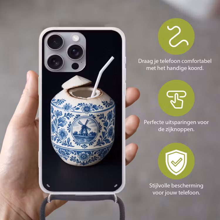 Kokosnoot - Eten - Delfts blauw - Drinken Hoesje iPhone 16 Pro Max met koord klein -sfeer2_NL