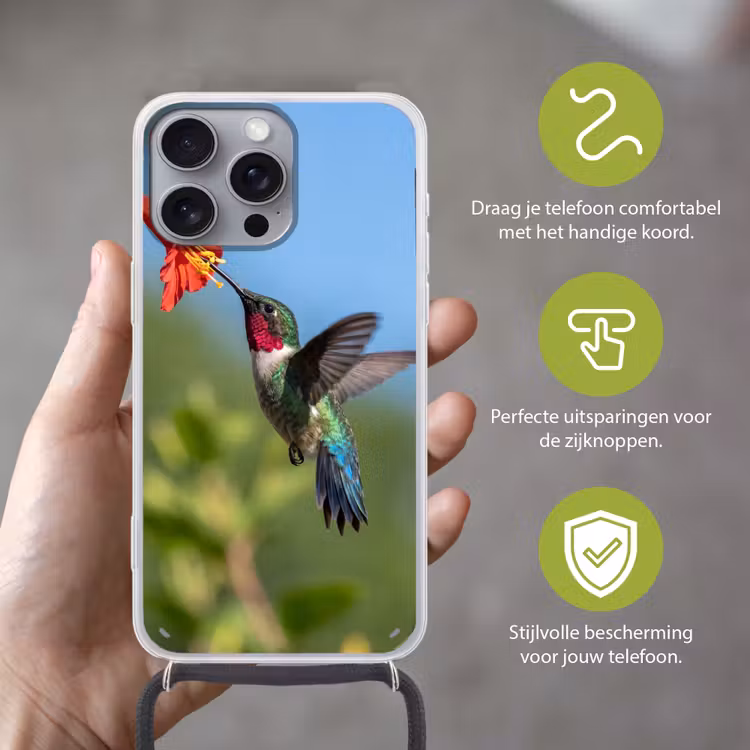 Kolibrie - Bloem - Natuur - Groen Hoesje iPhone 16 Pro Max met koord klein -sfeer2_NL