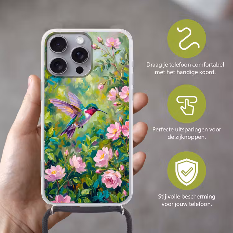 Kolibrie - Bloemen - Natuur - Kleurrijk Hoesje iPhone 16 Pro Max met koord klein -sfeer2_NL
