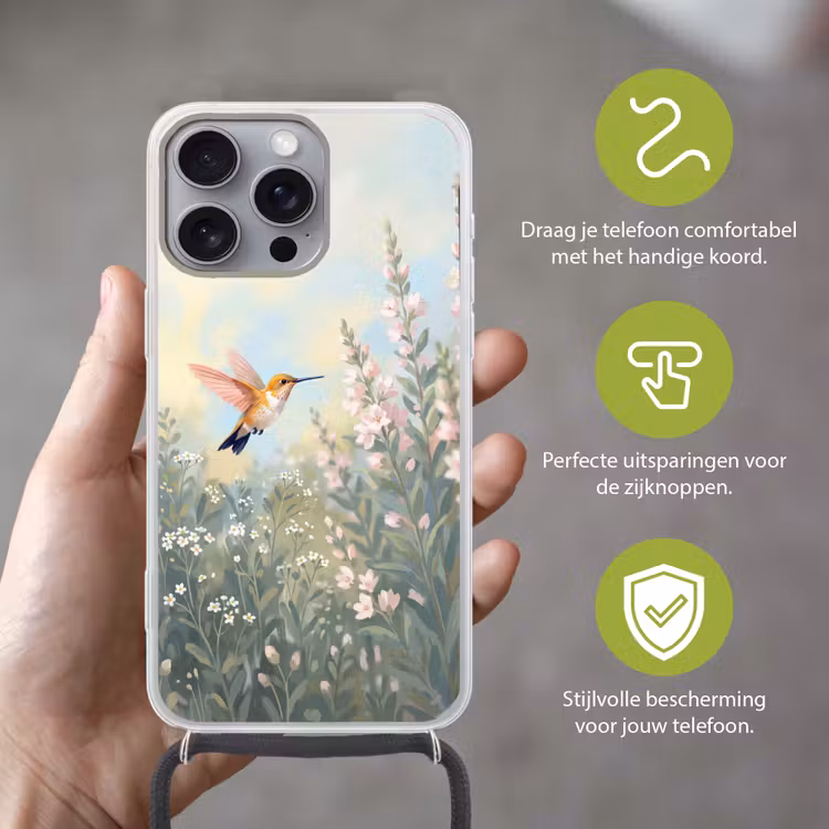 Kolibrie - Illustratie - Kleurrijk Hoesje iPhone 16 Pro Max met koord klein -sfeer2_NL