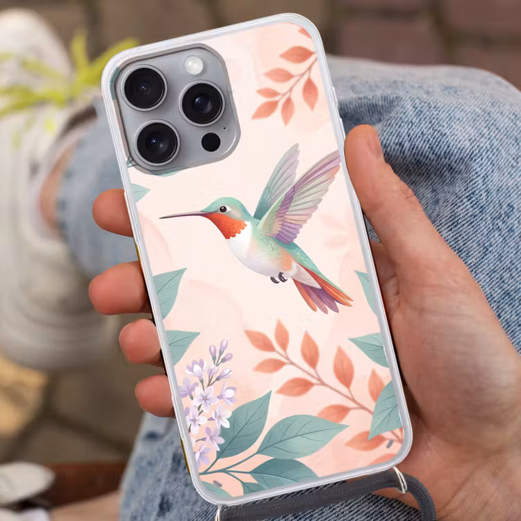 Kolibrie - Vliegen - Natuur - Illustratie - Kleurrijk Hoesje iPhone 16 Pro Max met koord klein -sfeer3