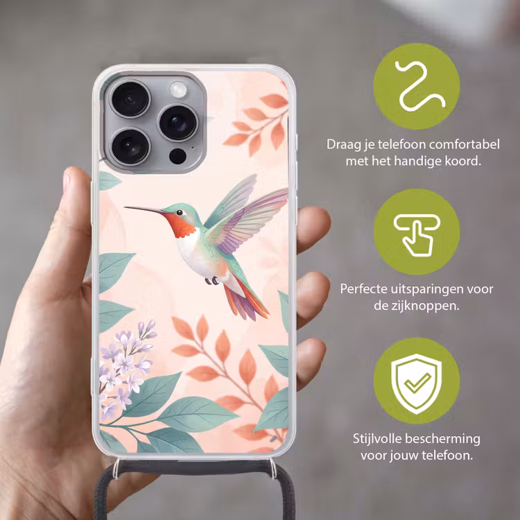 Kolibrie - Vliegen - Natuur - Illustratie - Kleurrijk Hoesje iPhone 16 Pro Max met koord klein -sfeer2_NL