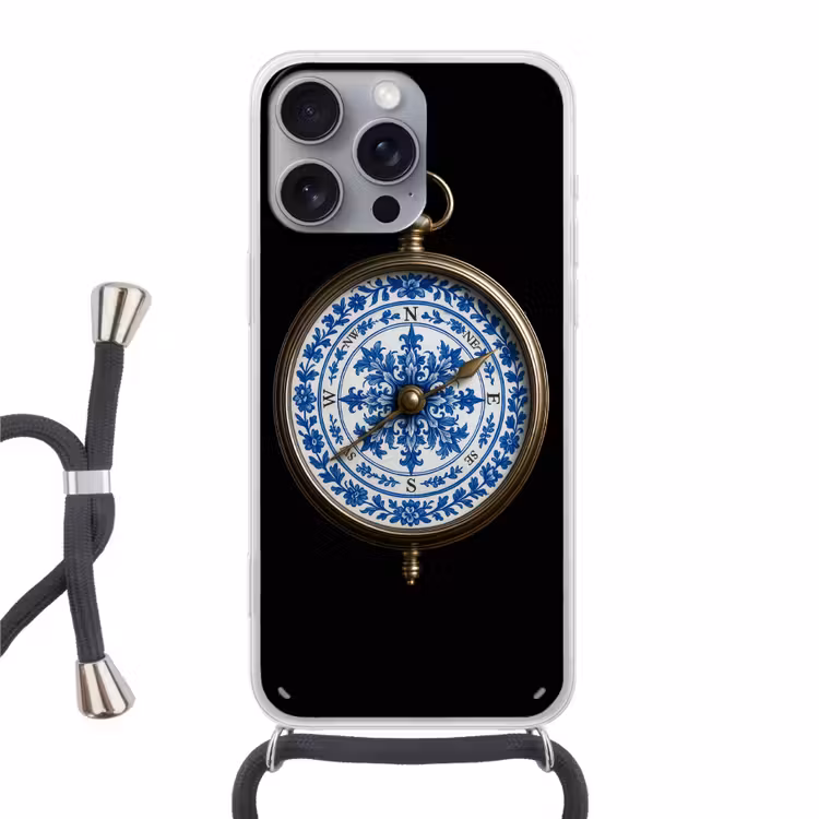 Kompas - Delfts blauw - Zwart Hoesje iPhone 16 Pro Max met koord klein -3d