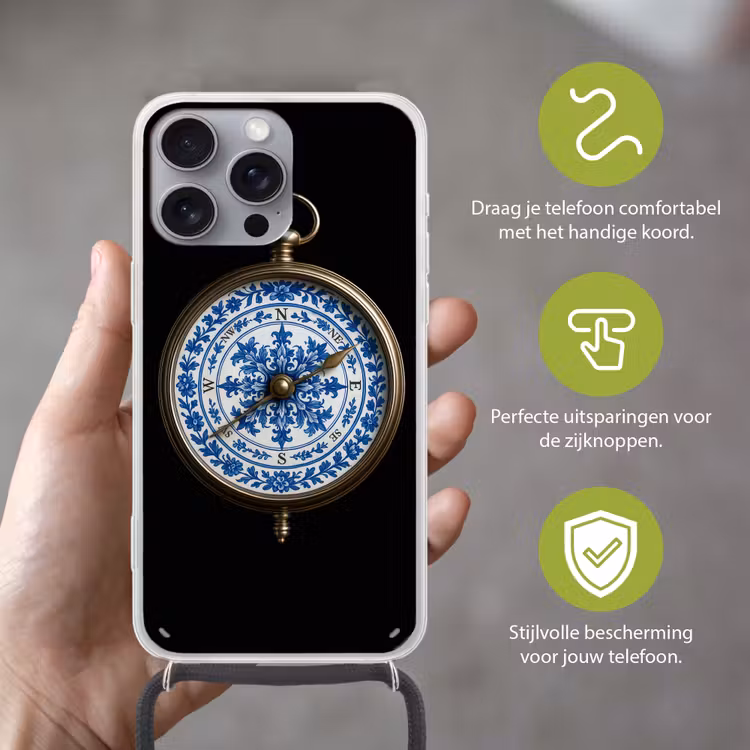 Kompas - Delfts blauw - Zwart Hoesje iPhone 16 Pro Max met koord klein -sfeer2_NL