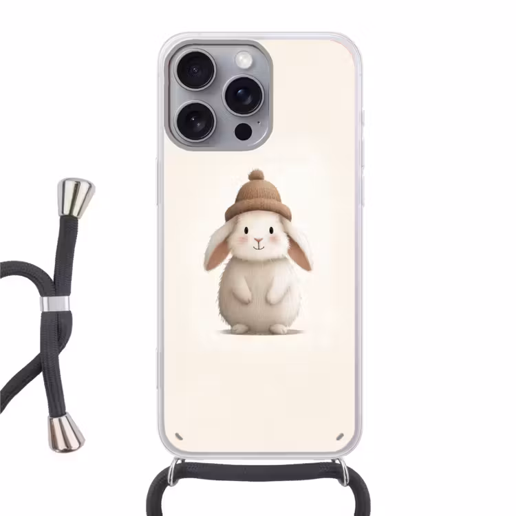 Konijn - Muts - Oren - Beige Hoesje iPhone 16 Pro Max met koord klein -3d