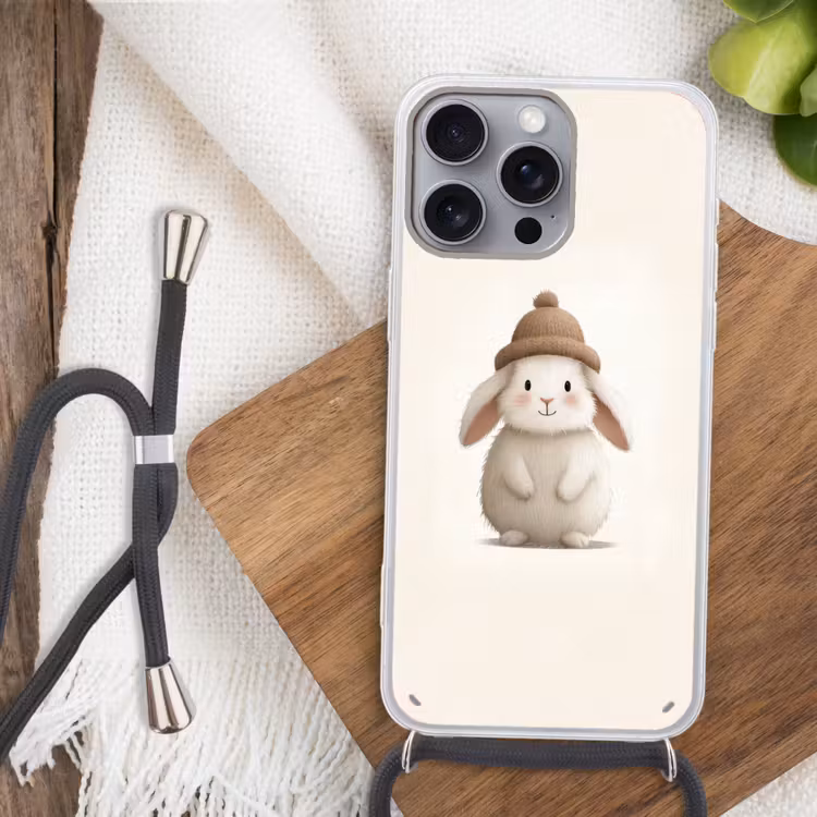 Konijn - Muts - Oren - Beige Hoesje iPhone 16 Pro Max met koord klein -sfeer4