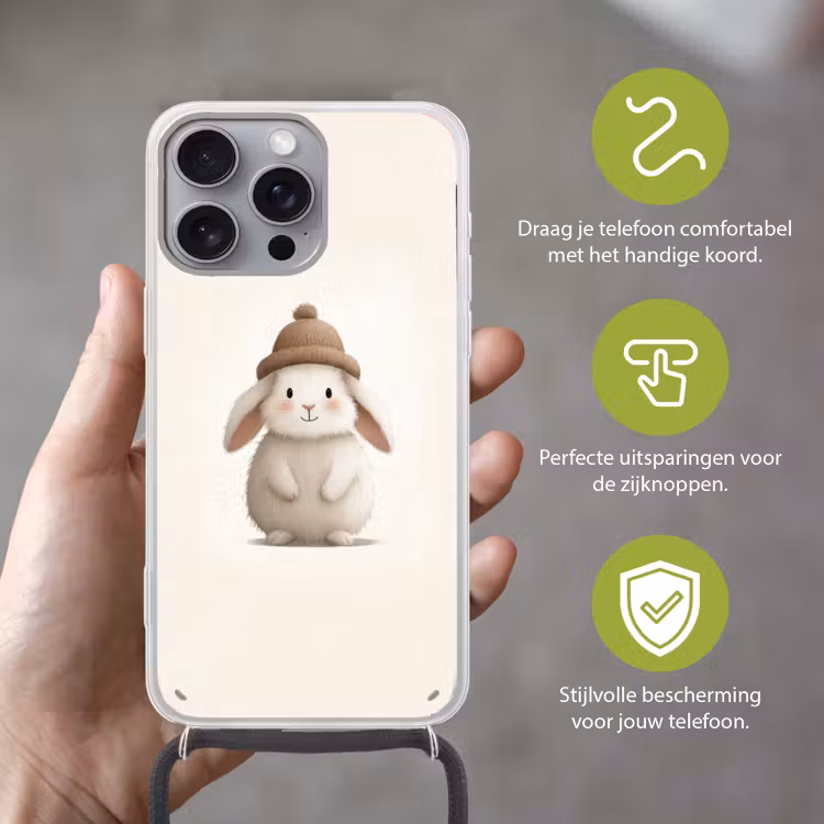 Konijn - Muts - Oren - Beige Hoesje iPhone 16 Pro Max met koord klein -sfeer2_NL