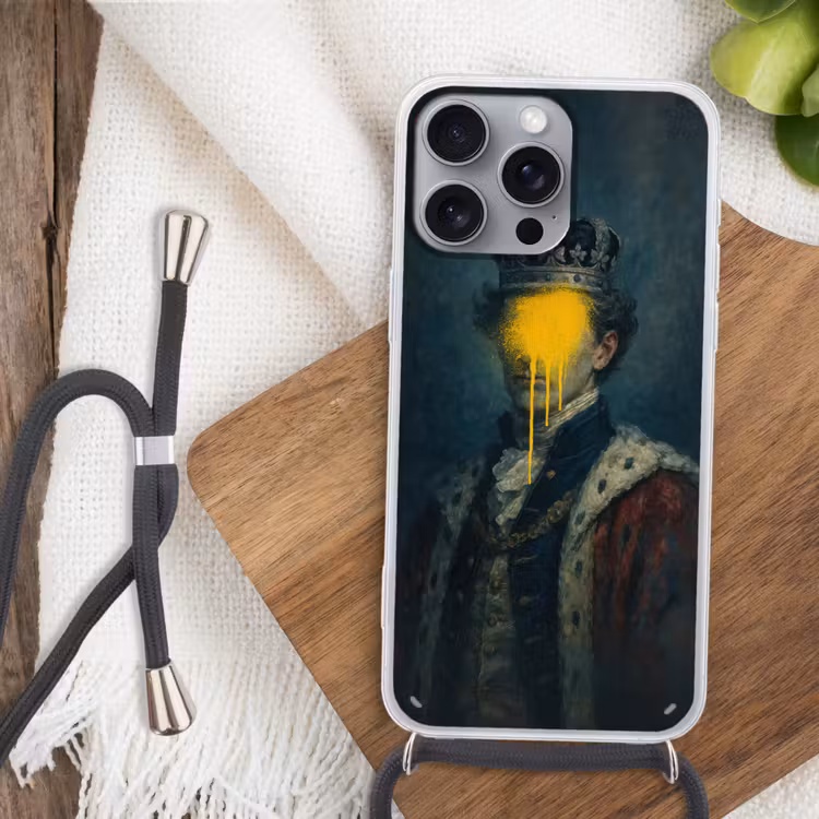 Koning - Portret - Druipende gele verf Hoesje iPhone 16 Pro Max met koord klein -sfeer4