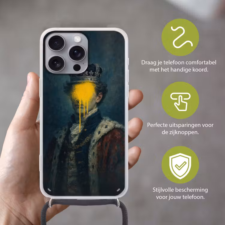 Koning - Portret - Druipende gele verf Hoesje iPhone 16 Pro Max met koord klein -sfeer2_NL