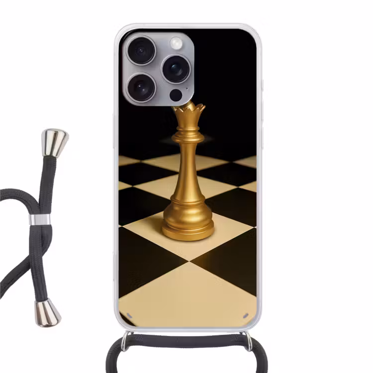 Koningin - Schaakstuk - Geblokt - Goud Hoesje iPhone 16 Pro Max met koord klein -3d