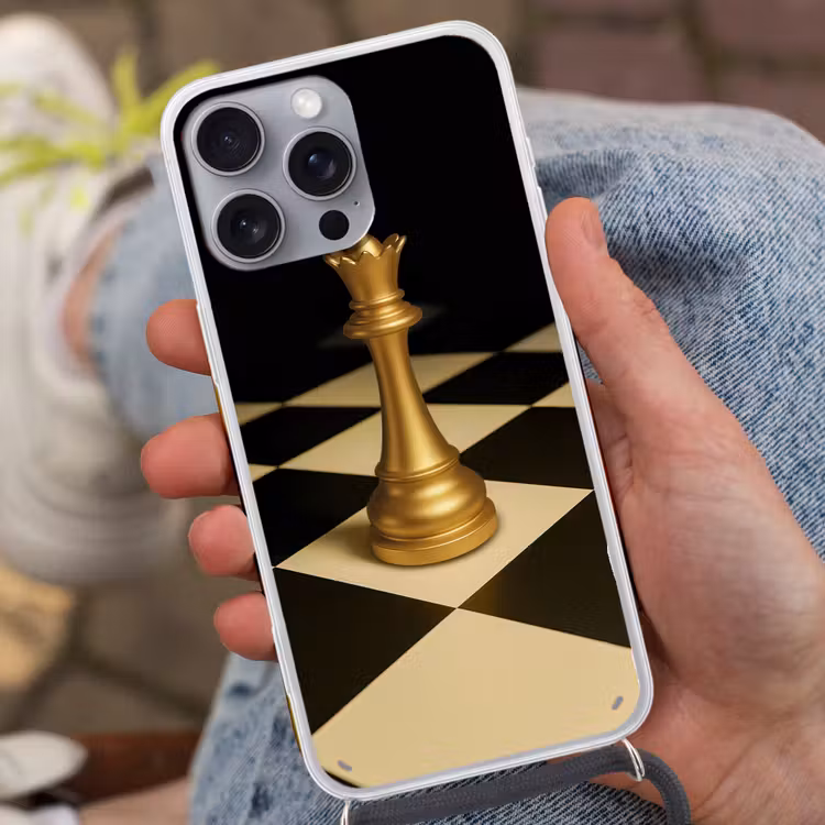 Koningin - Schaakstuk - Geblokt - Goud Hoesje iPhone 16 Pro Max met koord klein -sfeer3