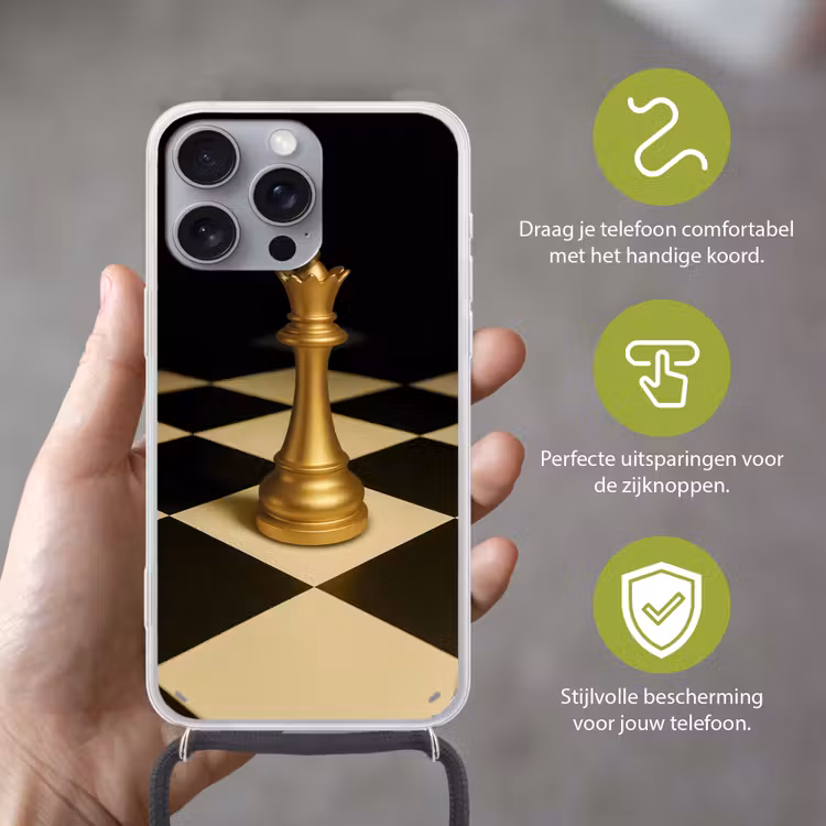 Koningin - Schaakstuk - Geblokt - Goud Hoesje iPhone 16 Pro Max met koord klein -sfeer2_NL