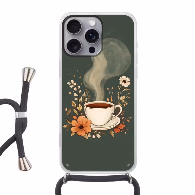 Kop - Bloemen - Groen - Koffie Hoesje iPhone 16 Pro Max met koord klein -3d