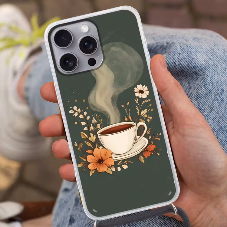 Kop - Bloemen - Groen - Koffie Hoesje iPhone 16 Pro Max met koord klein -sfeer3