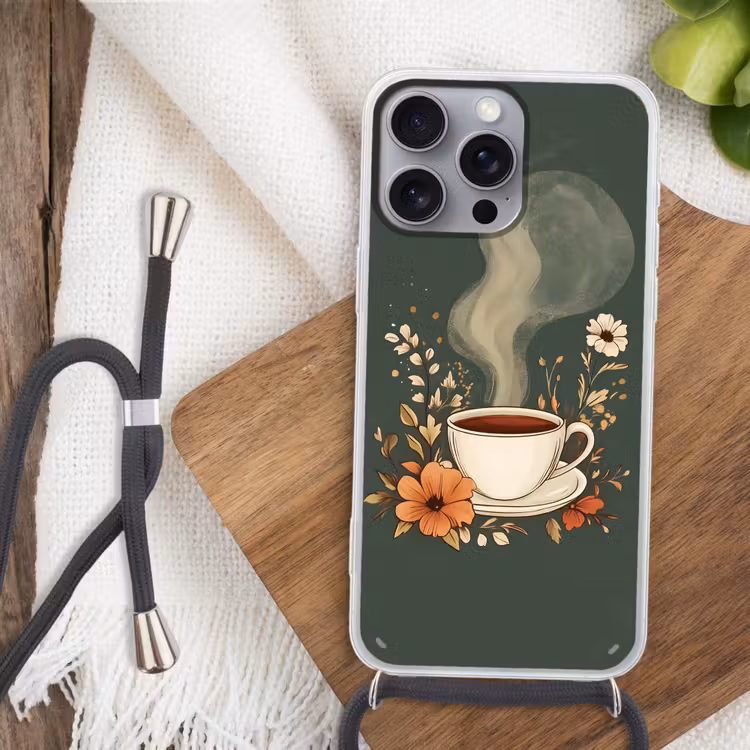 Kop - Bloemen - Groen - Koffie Hoesje iPhone 16 Pro Max met koord klein -sfeer4