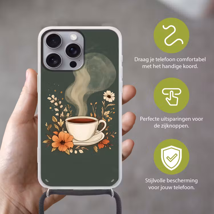 Kop - Bloemen - Groen - Koffie Hoesje iPhone 16 Pro Max met koord klein -sfeer2_NL