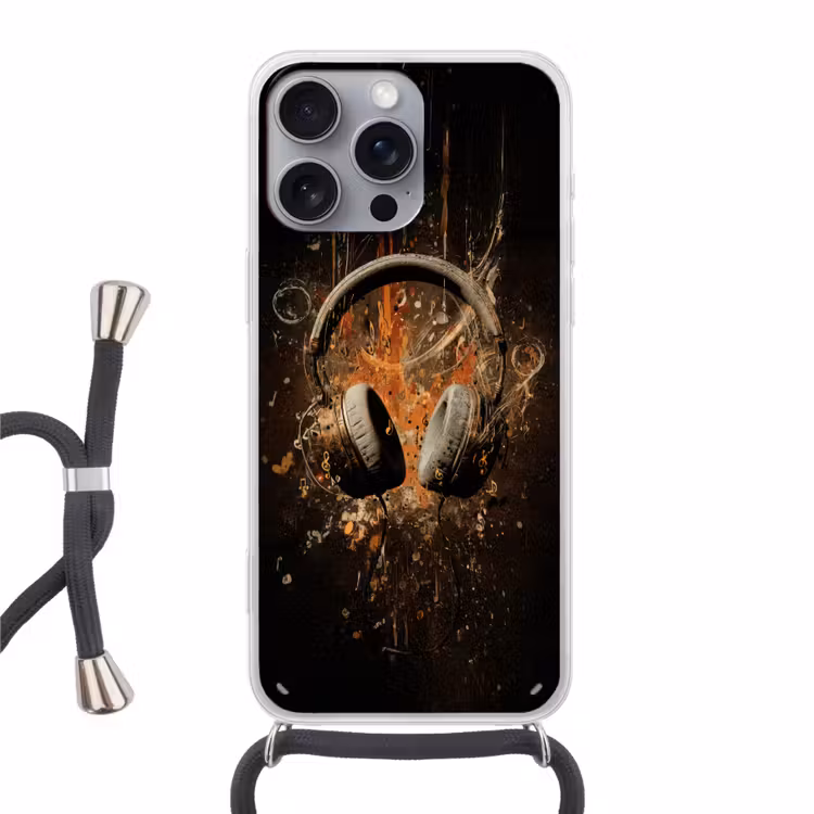 Koptelefoon - Bruin - Dynamische penseelstreken Hoesje iPhone 16 Pro Max met koord klein -3d