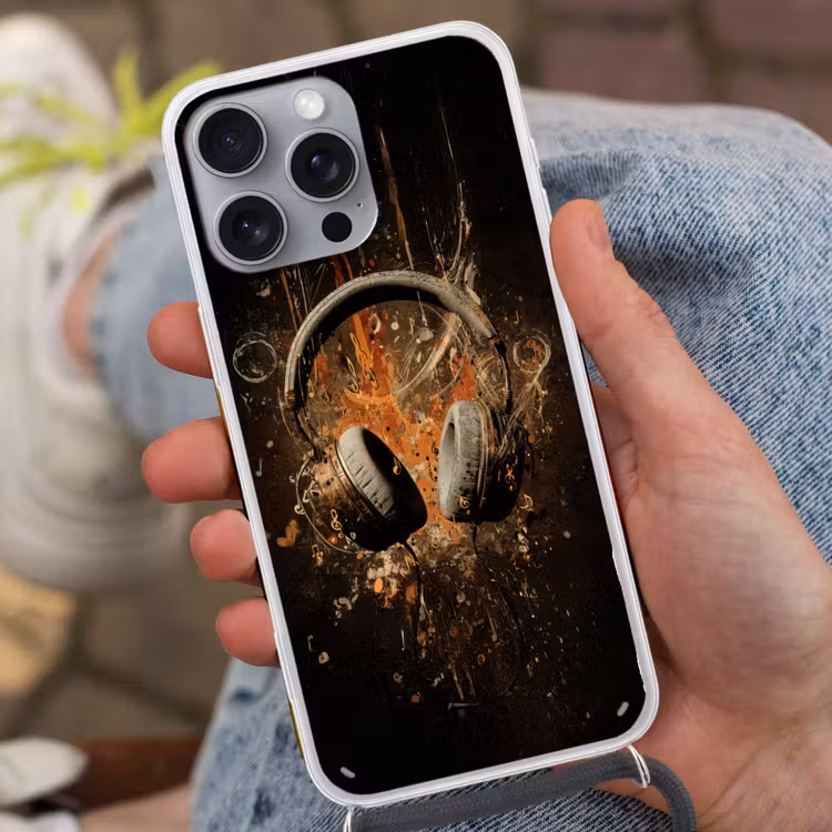 Koptelefoon - Bruin - Dynamische penseelstreken Hoesje iPhone 16 Pro Max met koord klein -sfeer3
