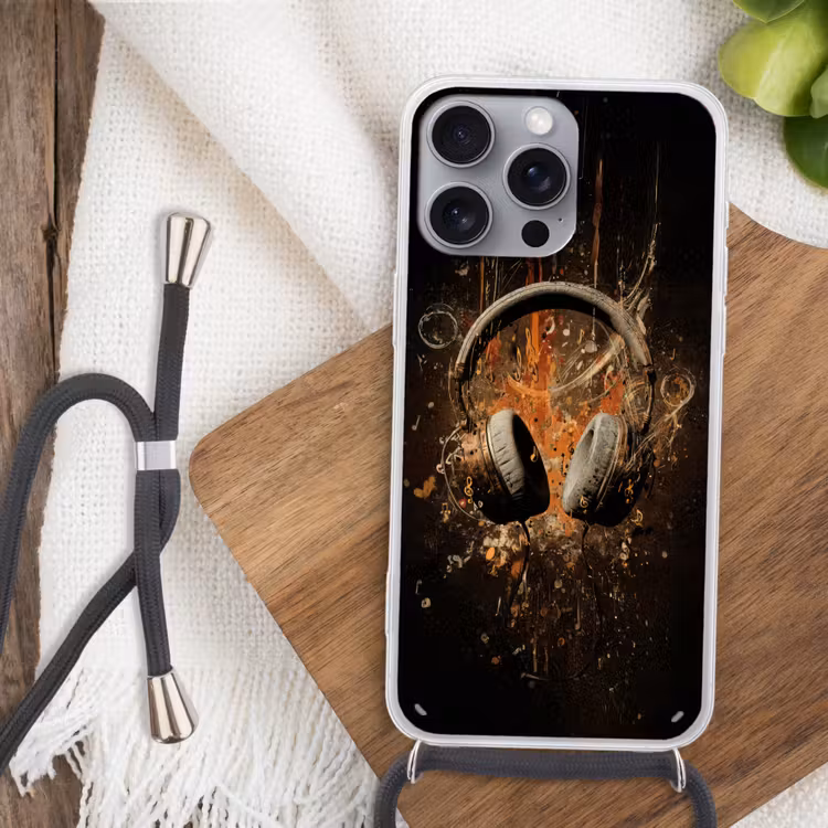 Koptelefoon - Bruin - Dynamische penseelstreken Hoesje iPhone 16 Pro Max met koord klein -sfeer4