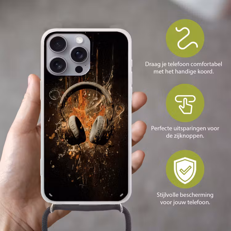 Koptelefoon - Bruin - Dynamische penseelstreken Hoesje iPhone 16 Pro Max met koord klein -sfeer2_NL