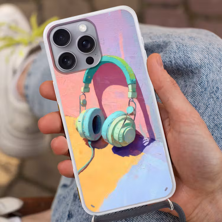 Koptelefoon - Mintgroen - Draad Hoesje iPhone 16 Pro Max met koord klein -sfeer3