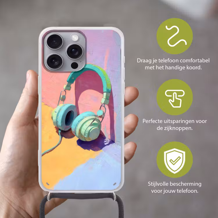 Koptelefoon - Mintgroen - Draad Hoesje iPhone 16 Pro Max met koord klein -sfeer2_NL