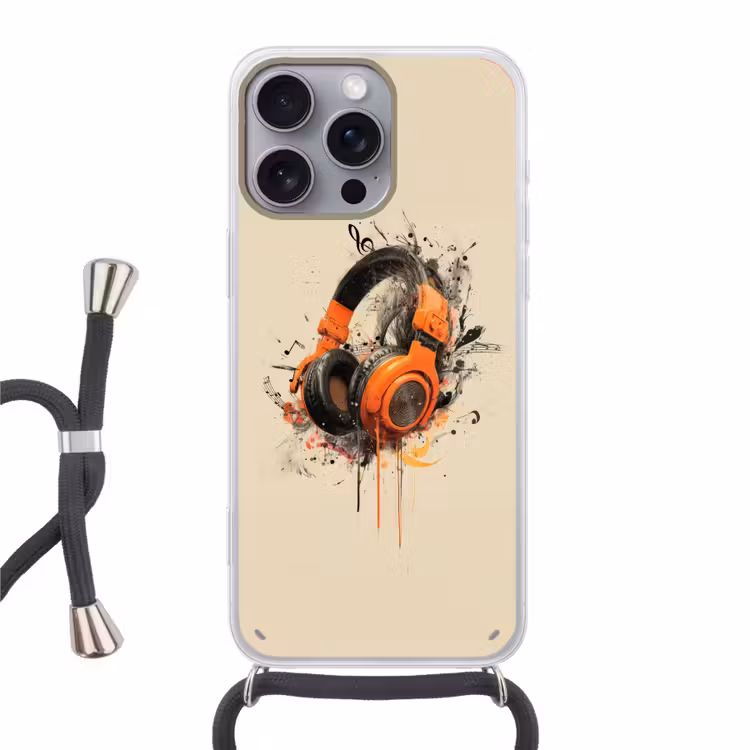 Koptelefoon - Oranje - Explosief Hoesje iPhone 16 Pro Max met koord klein -3d