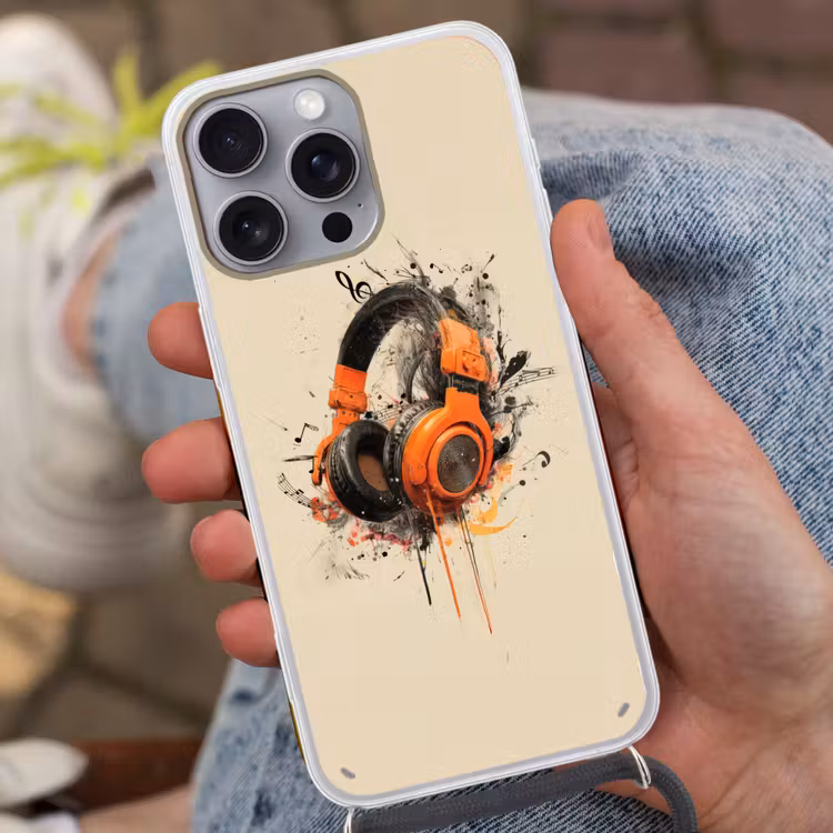 Koptelefoon - Oranje - Explosief Hoesje iPhone 16 Pro Max met koord klein -sfeer3