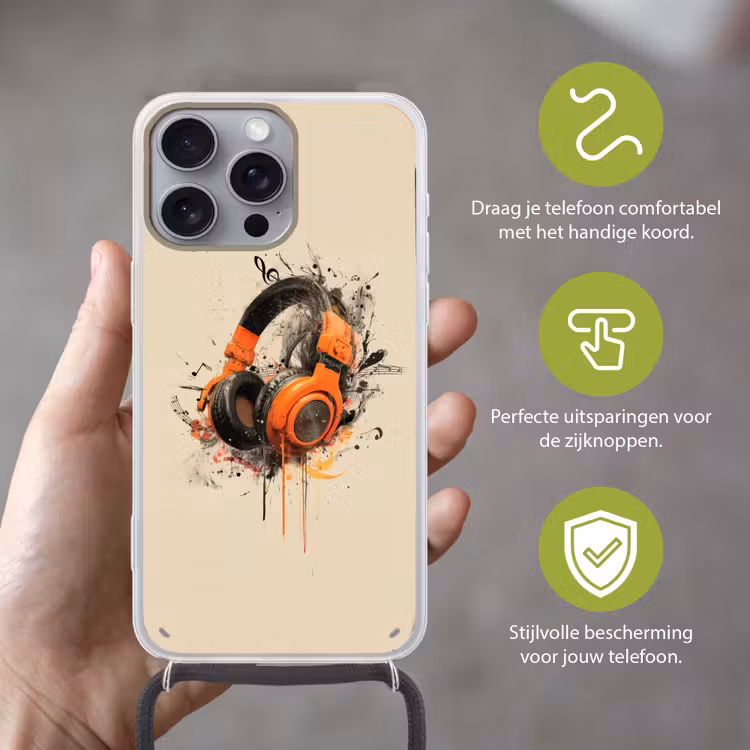 Koptelefoon - Oranje - Explosief Hoesje iPhone 16 Pro Max met koord klein -sfeer2_NL