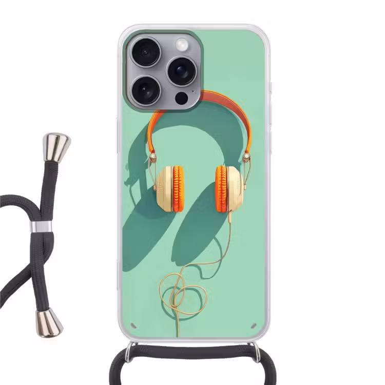 Koptelefoon - Oranje - Snoer - Minimalistisch Hoesje iPhone 16 Pro Max met koord klein -3d