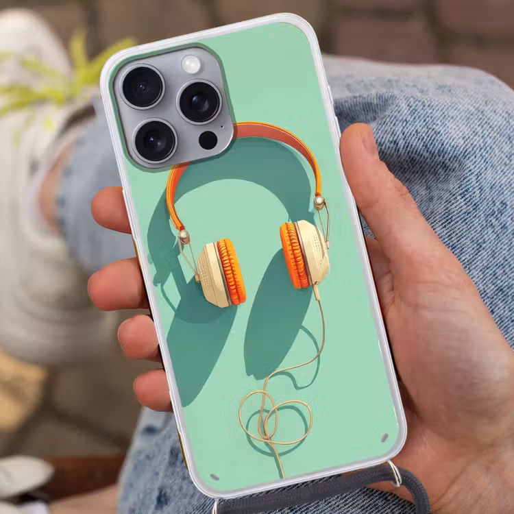 Koptelefoon - Oranje - Snoer - Minimalistisch Hoesje iPhone 16 Pro Max met koord klein -sfeer3