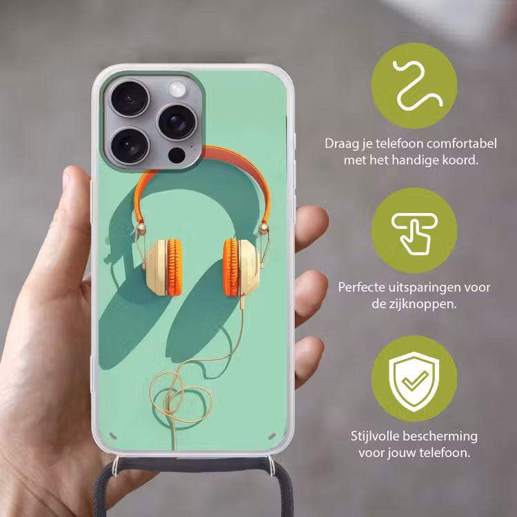 Koptelefoon - Oranje - Snoer - Minimalistisch Hoesje iPhone 16 Pro Max met koord klein -sfeer2_NL