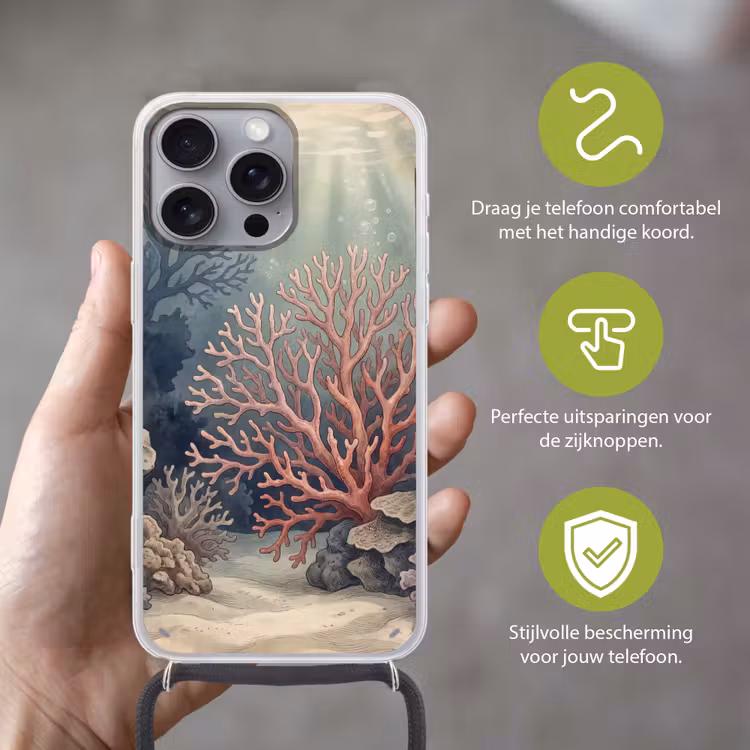 Koraal - Onderwater - Natuur - Roze Hoesje iPhone 16 Pro Max met koord klein -sfeer2_NL
