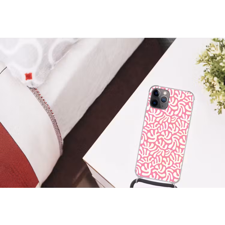 Koraal - Patroon - Roze - Wit - Minimalistisch Hoesje iPhone 12 Pro met koord klein -kamer