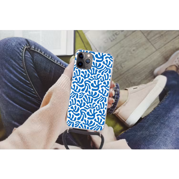 Koraal patroon - Wit - Blauw - Zomer Hoesje iPhone 12 Pro met koord klein -hand