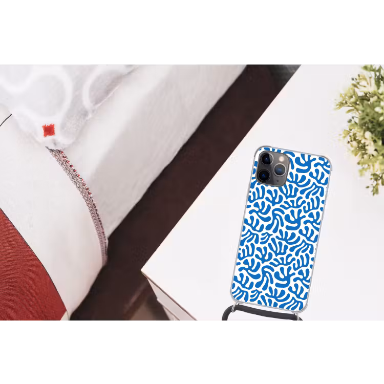 Koraal patroon - Wit - Blauw - Zomer Hoesje iPhone 12 Pro met koord klein -kamer