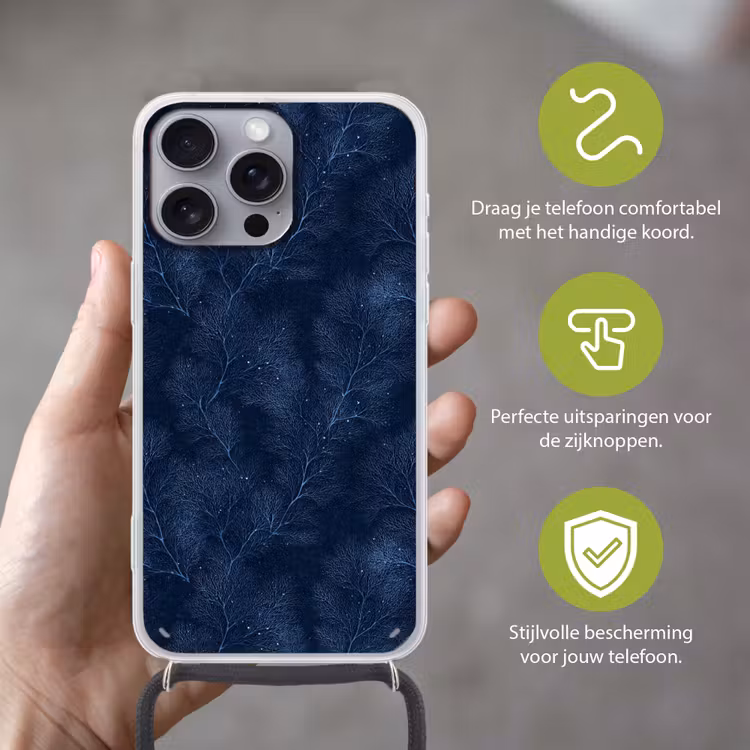 Koraal - Takken - Patroon - Nachtblauw Hoesje iPhone 16 Pro Max met koord klein 804 -sfeer2_NL